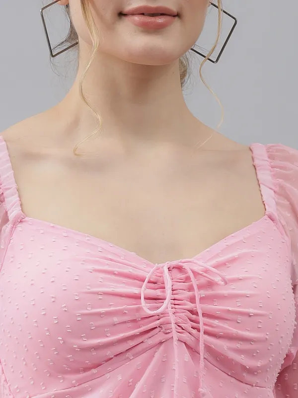 Baby_Pink_Sweetheart_Neck_Flared_Sleeves_Sheer_Dobby_Dot_Ruched_Front_Peplum_Top_For_Women_&_Girls