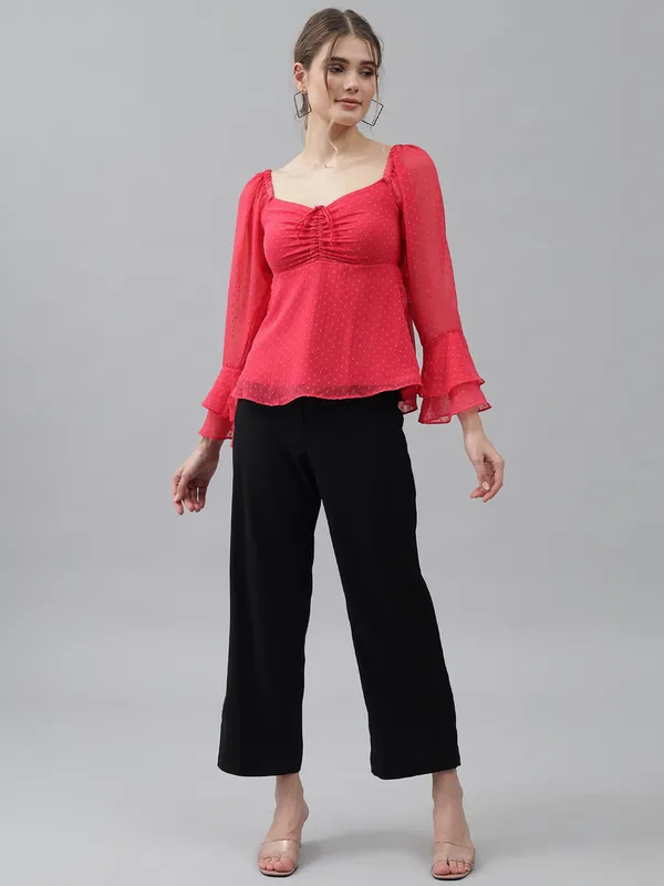 Peach_Sweetheart_Neck_Flared_Sleeves_Sheer_Dobby_Dot_Ruched_Front_Peplum_Top_For_Women_&_Girls