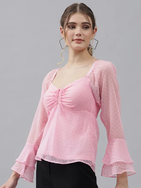 Baby_Pink_Sweetheart_Neck_Flared_Sleeves_Sheer_Dobby_Dot_Ruched_Front_Peplum_Top_For_Women_&_Girls