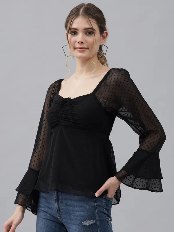 Black_Dobby_Dots_Dobby_Dots_Sweetheart_Neck_Flared_Sleeves_Sheer_Dobby_Dot_Ruched_Front_Peplum_Top_For_Women_&_Girls
