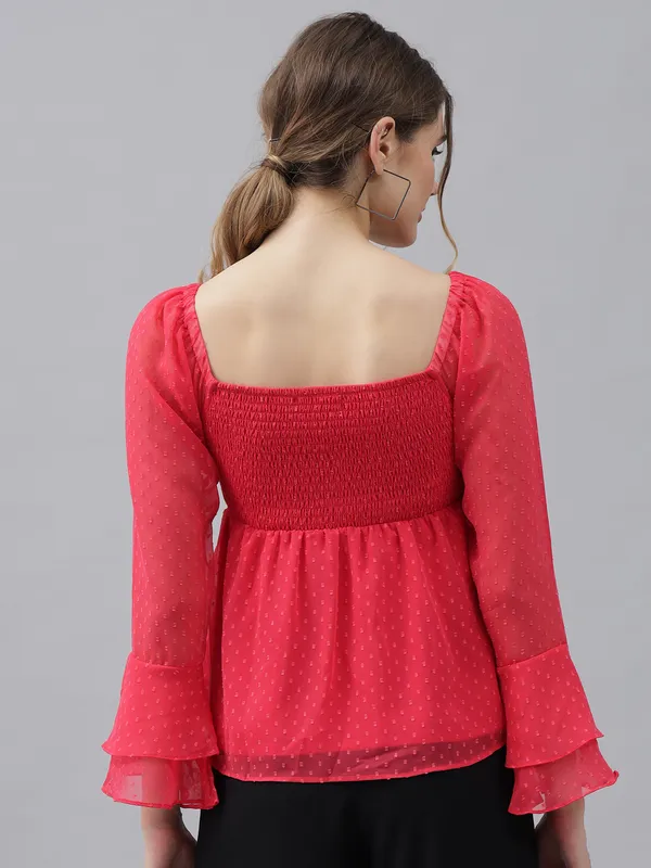 Peach_Sweetheart_Neck_Flared_Sleeves_Sheer_Dobby_Dot_Ruched_Front_Peplum_Top_For_Women_&_Girls