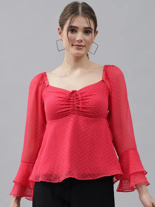 Peach_Sweetheart_Neck_Flared_Sleeves_Sheer_Dobby_Dot_Ruched_Front_Peplum_Top_For_Women_&_Girls