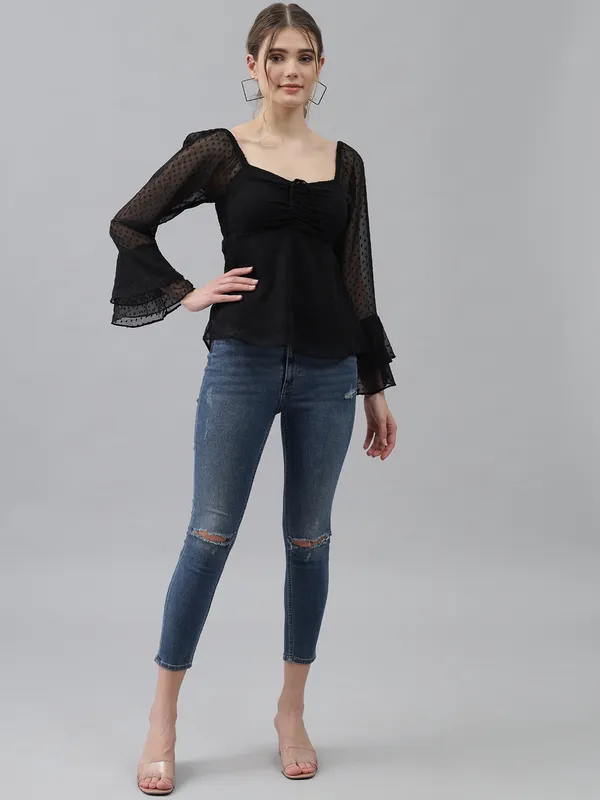Black_Dobby_Dots_Dobby_Dots_Sweetheart_Neck_Flared_Sleeves_Sheer_Dobby_Dot_Ruched_Front_Peplum_Top_For_Women_&_Girls