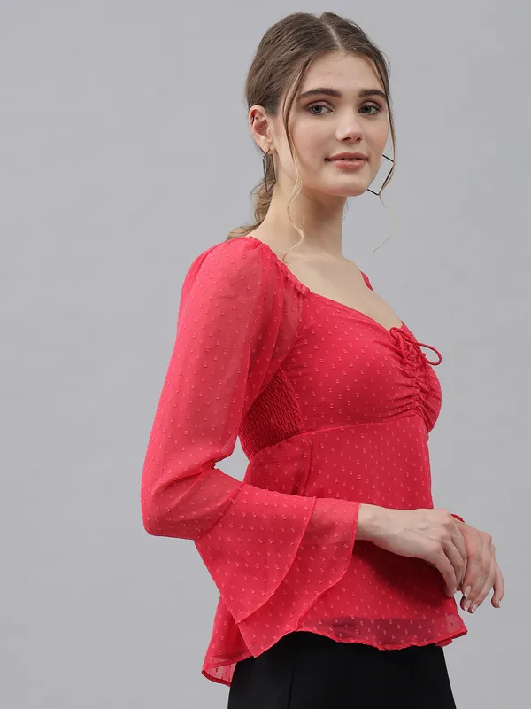 Peach_Sweetheart_Neck_Flared_Sleeves_Sheer_Dobby_Dot_Ruched_Front_Peplum_Top_For_Women_&_Girls