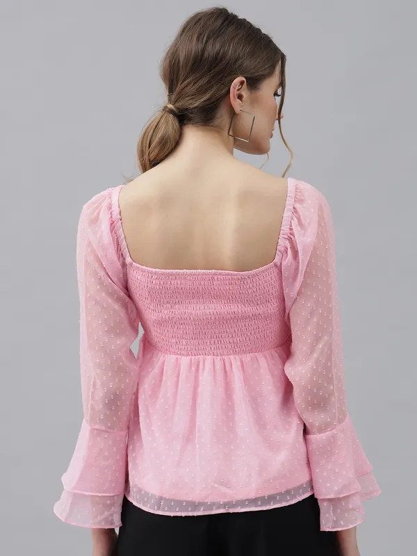 Baby_Pink_Sweetheart_Neck_Flared_Sleeves_Sheer_Dobby_Dot_Ruched_Front_Peplum_Top_For_Women_&_Girls