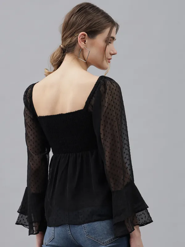 Black_Dobby_Dots_Dobby_Dots_Sweetheart_Neck_Flared_Sleeves_Sheer_Dobby_Dot_Ruched_Front_Peplum_Top_For_Women_&_Girls
