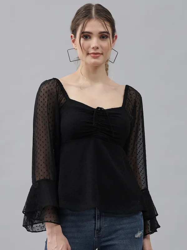 Black_Dobby_Dots_Dobby_Dots_Sweetheart_Neck_Flared_Sleeves_Sheer_Dobby_Dot_Ruched_Front_Peplum_Top_For_Women_&_Girls