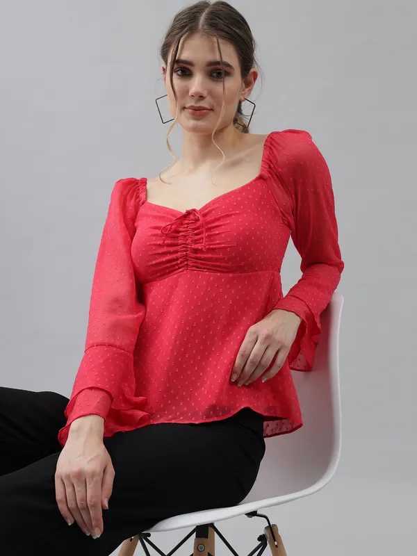 Peach_Sweetheart_Neck_Flared_Sleeves_Sheer_Dobby_Dot_Ruched_Front_Peplum_Top_For_Women_&_Girls