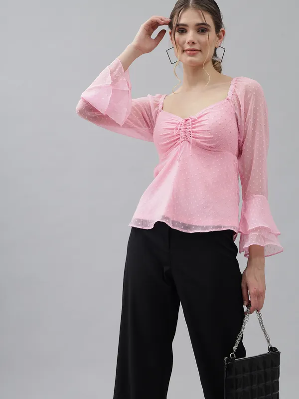 Baby_Pink_Sweetheart_Neck_Flared_Sleeves_Sheer_Dobby_Dot_Ruched_Front_Peplum_Top_For_Women_&_Girls