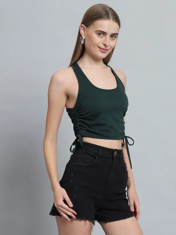 Bottle_Green_Deep_U-Neck_Sleeveless_Crop_Top_For_Women_&_Girls