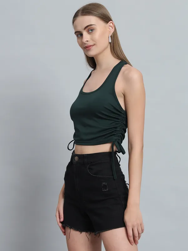 Bottle_Green_Deep_U-Neck_Sleeveless_Crop_Top_For_Women_&_Girls