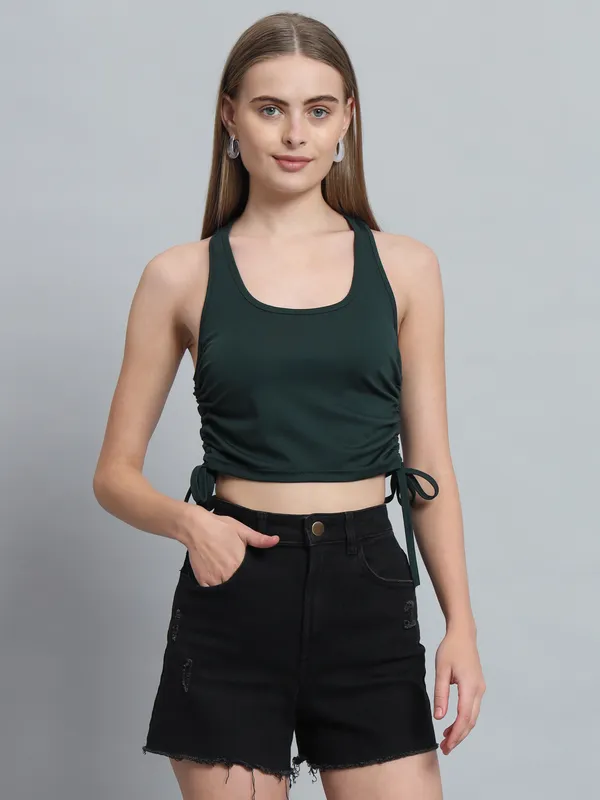 Bottle_Green_Deep_U-Neck_Sleeveless_Crop_Top_For_Women_&_Girls