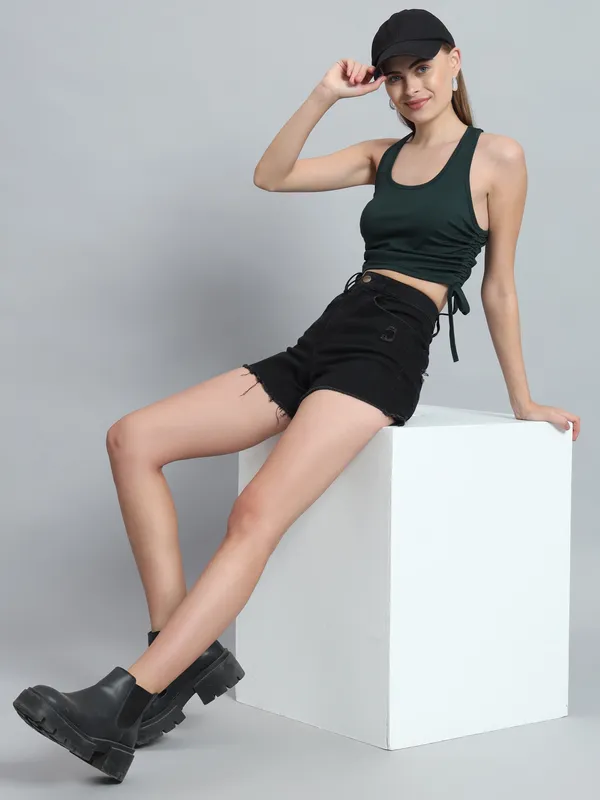 Bottle_Green_Deep_U-Neck_Sleeveless_Crop_Top_For_Women_&_Girls