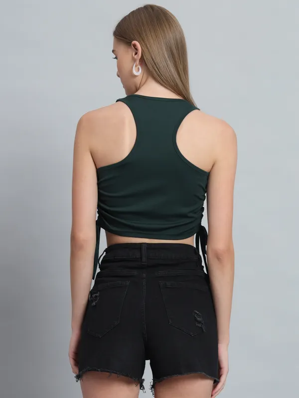 Bottle_Green_Deep_U-Neck_Sleeveless_Crop_Top_For_Women_&_Girls