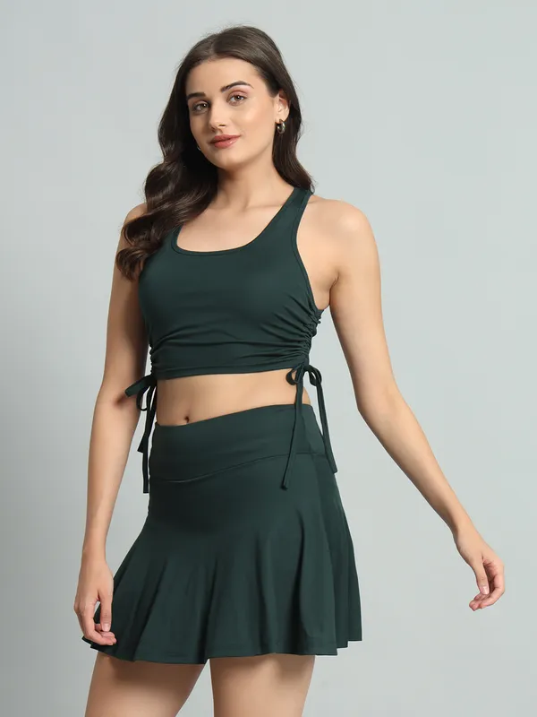 Bottle_Green_Champ_Top_And_Mini_Flare_With_Inner_Short_Cord_Set_For_Women_&_Girls