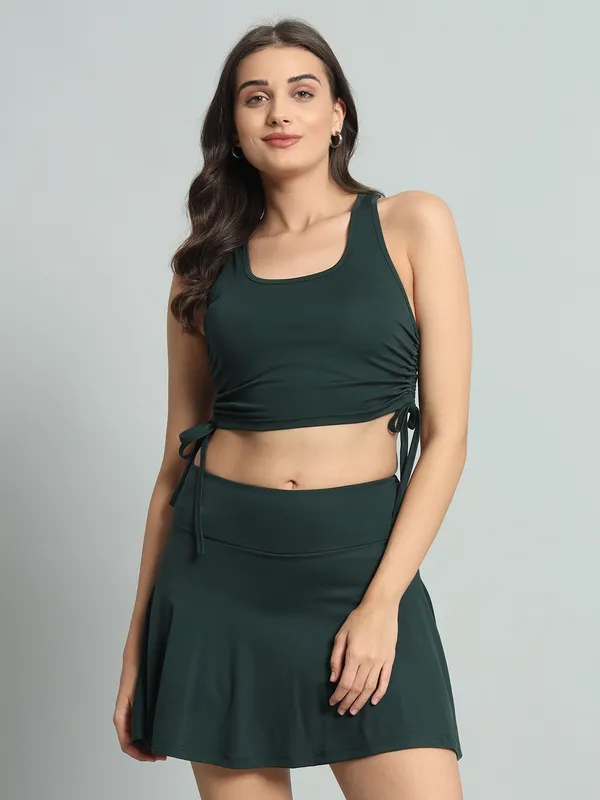 Bottle_Green_Champ_Top_And_Mini_Flare_With_Inner_Short_Cord_Set_For_Women_&_Girls