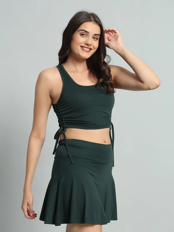 Bottle_Green_Champ_Top_And_Mini_Flare_With_Inner_Short_Cord_Set_For_Women_&_Girls