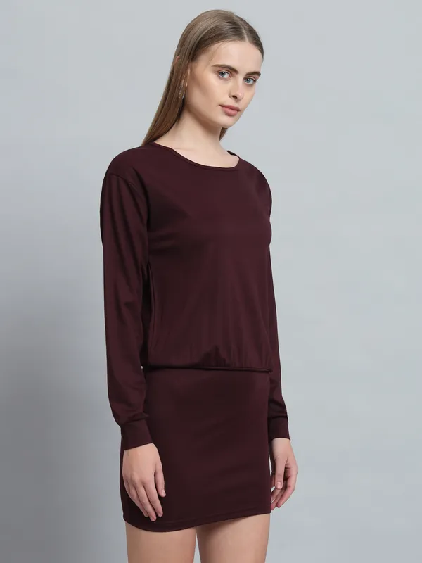 Wine_Cotton_Blend_Solid_Shift_Dress_For_Women_&_Girls