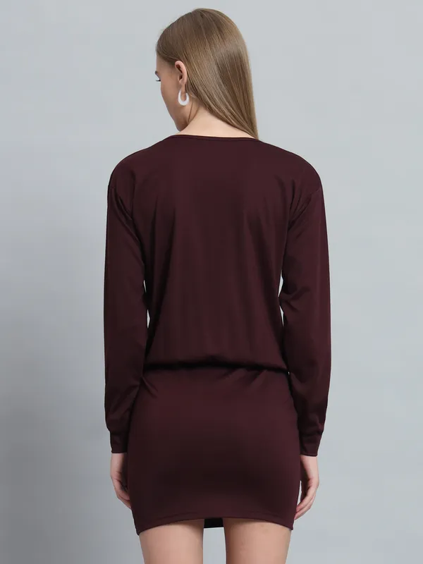 Wine_Cotton_Blend_Solid_Shift_Dress_For_Women_&_Girls