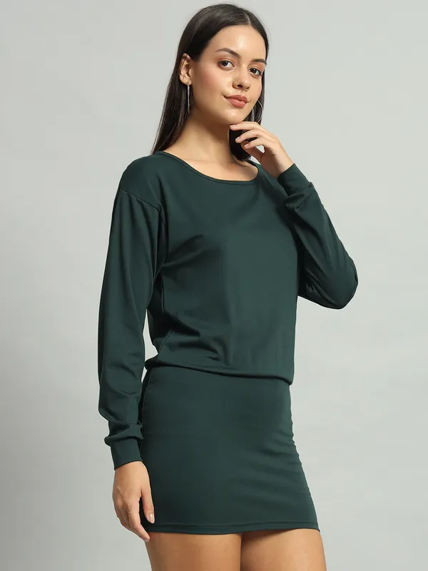 Green_Cotton_Blend_Solid_Shift_Dress_For_Women_&_Girls