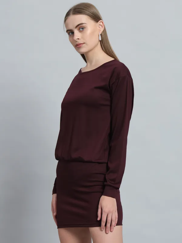 Wine_Cotton_Blend_Solid_Shift_Dress_For_Women_&_Girls