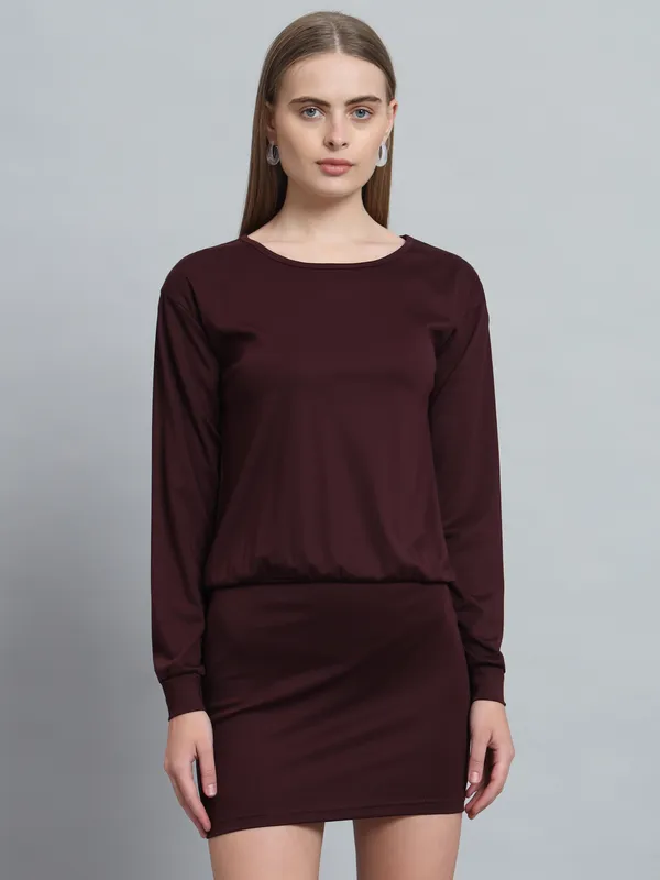 Wine_Cotton_Blend_Solid_Shift_Dress_For_Women_&_Girls