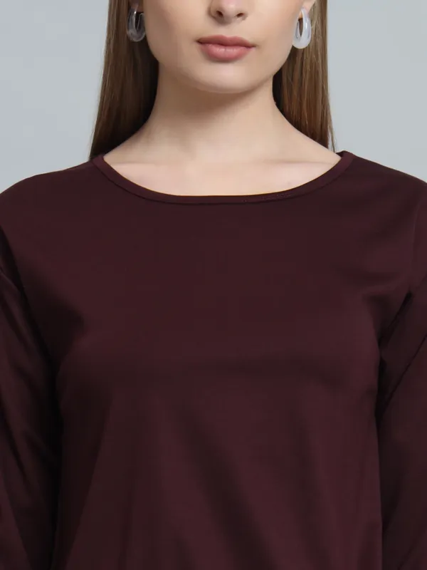 Wine_Cotton_Blend_Solid_Shift_Dress_For_Women_&_Girls
