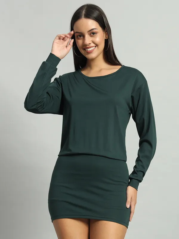 Green_Cotton_Blend_Solid_Shift_Dress_For_Women_&_Girls