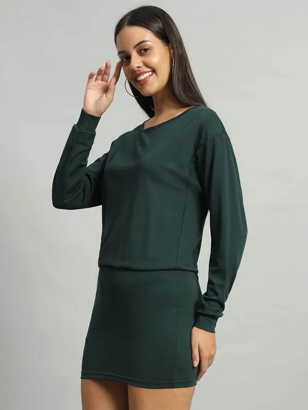 Green_Cotton_Blend_Solid_Shift_Dress_For_Women_&_Girls