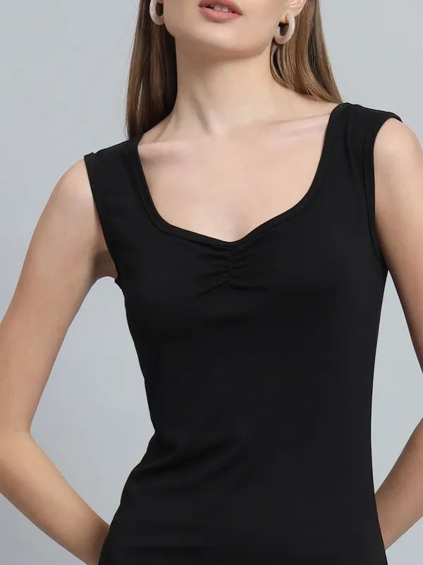 Black_Cotton_Blend_Solid_Straight_Fit_Midi_Length_Dress_For_Women_&_Girls