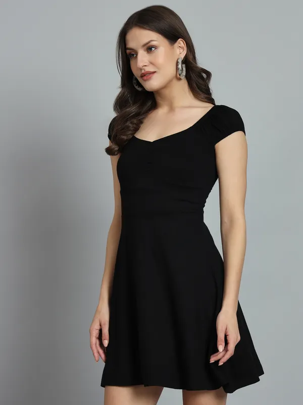 Black_Cotton_Blend_Solid_Stretchable_Fit_&_Flare_Stylish_Mini_Length_Dress_For_Women_&_Girls