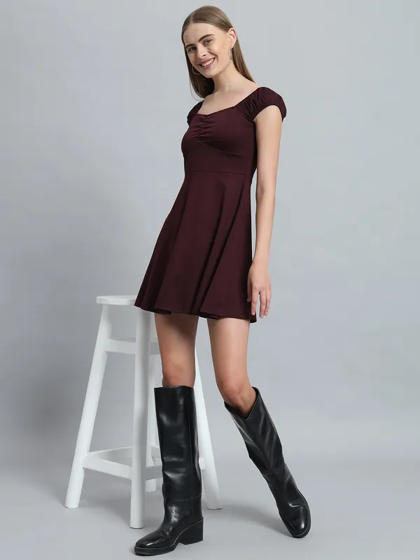 Wine_Cotton_Blend_Solid_Stretchable_Fit_&_Flare_Stylish_Mini_Length_Dress_For_Women_&_Girls