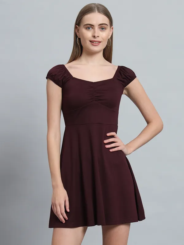Wine_Cotton_Blend_Solid_Stretchable_Fit_&_Flare_Stylish_Mini_Length_Dress_For_Women_&_Girls