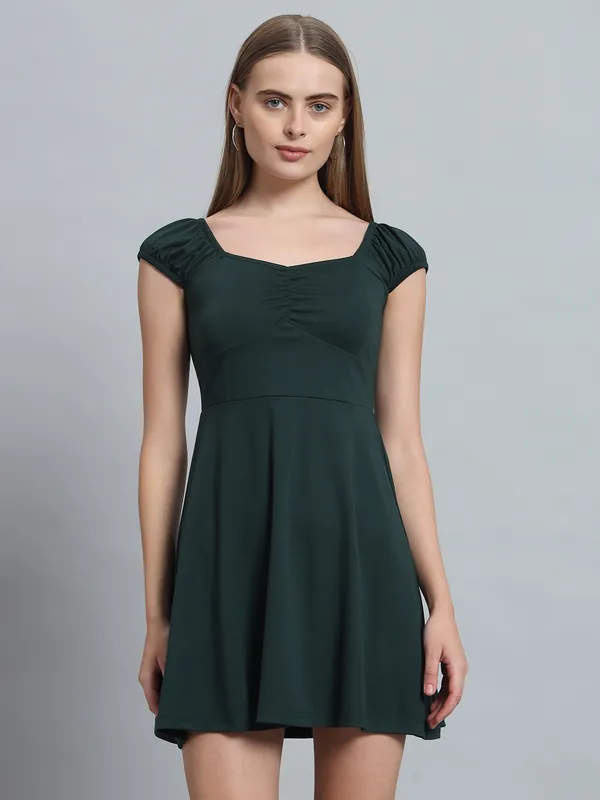 Bottle_Green_Cotton_Blend_Solid_Stretchable_Fit_&_Flare_Stylish_Mini_Length_Dress_For_Women_&_Girls