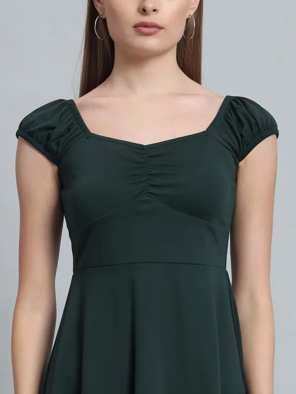 Bottle_Green_Cotton_Blend_Solid_Stretchable_Fit_&_Flare_Stylish_Mini_Length_Dress_For_Women_&_Girls