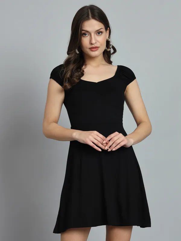 Black_Cotton_Blend_Solid_Stretchable_Fit_&_Flare_Stylish_Mini_Length_Dress_For_Women_&_Girls