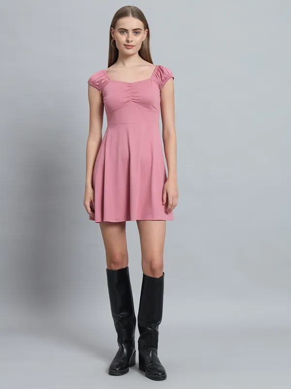 Light_Pink_Cotton_Blend_Midi_Length_Dress_For_Women_&_Girls