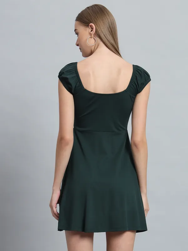 Bottle_Green_Cotton_Blend_Solid_Stretchable_Fit_&_Flare_Stylish_Mini_Length_Dress_For_Women_&_Girls