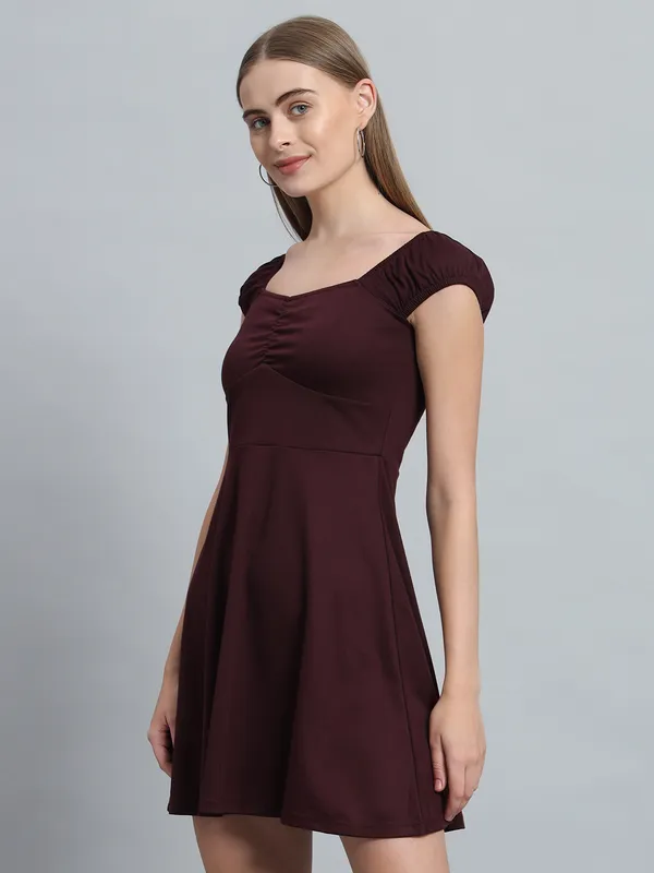 Wine_Cotton_Blend_Solid_Stretchable_Fit_&_Flare_Stylish_Mini_Length_Dress_For_Women_&_Girls