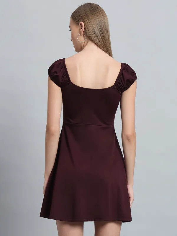 Wine_Cotton_Blend_Solid_Stretchable_Fit_&_Flare_Stylish_Mini_Length_Dress_For_Women_&_Girls