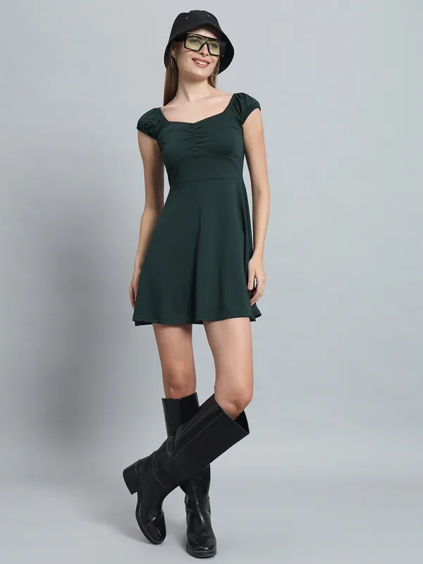 Bottle_Green_Cotton_Blend_Solid_Stretchable_Fit_&_Flare_Stylish_Mini_Length_Dress_For_Women_&_Girls