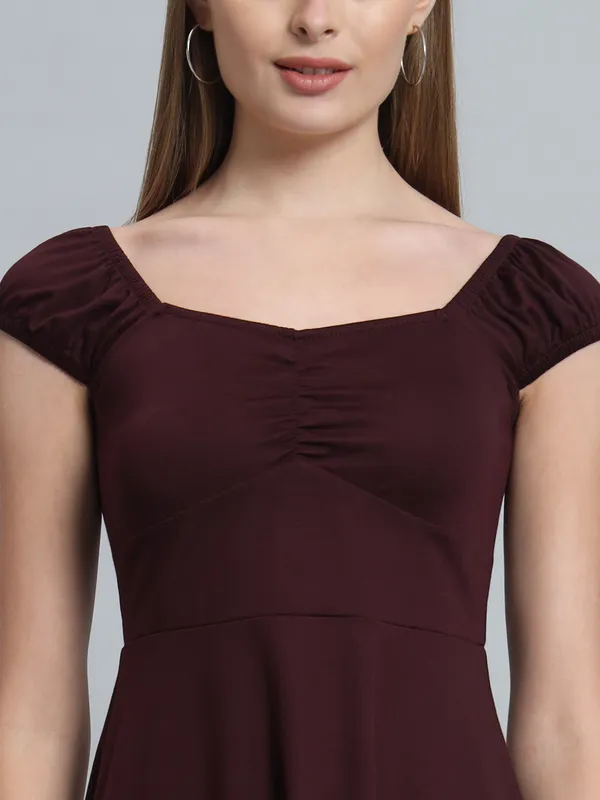 Wine_Cotton_Blend_Solid_Stretchable_Fit_&_Flare_Stylish_Mini_Length_Dress_For_Women_&_Girls