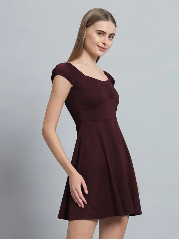 Wine_Cotton_Blend_Solid_Stretchable_Fit_&_Flare_Stylish_Mini_Length_Dress_For_Women_&_Girls