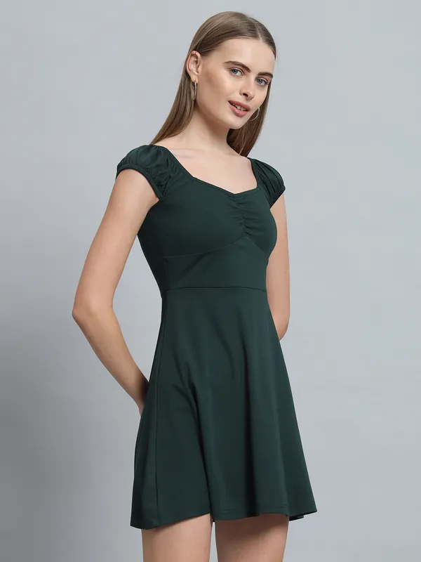 Bottle_Green_Cotton_Blend_Solid_Stretchable_Fit_&_Flare_Stylish_Mini_Length_Dress_For_Women_&_Girls