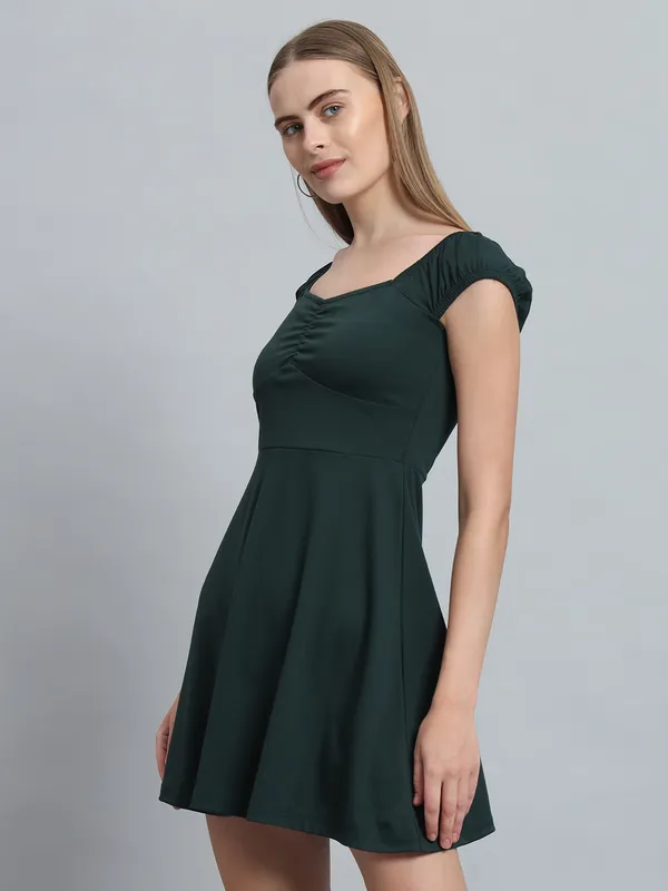 Bottle_Green_Cotton_Blend_Solid_Stretchable_Fit_&_Flare_Stylish_Mini_Length_Dress_For_Women_&_Girls