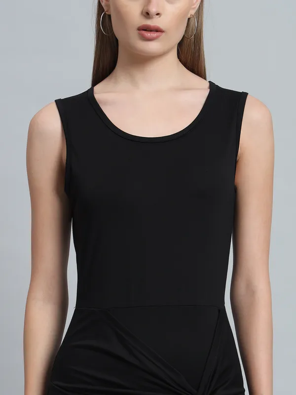 Black_Cotton_Blend_Solid_Stretchable_Bodycon_Mini_Length_Dress_For_Women_&_Girls