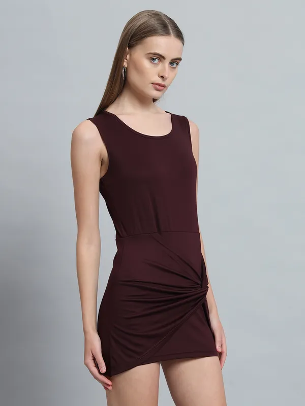 Wine_Cotton_Blend_Solid_Stretchable_Bodycon_Mini_Length_Dress_For_Women_&_Girls