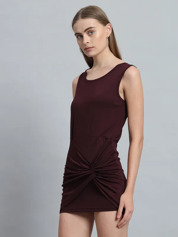 Wine_Cotton_Blend_Solid_Stretchable_Bodycon_Mini_Length_Dress_For_Women_&_Girls