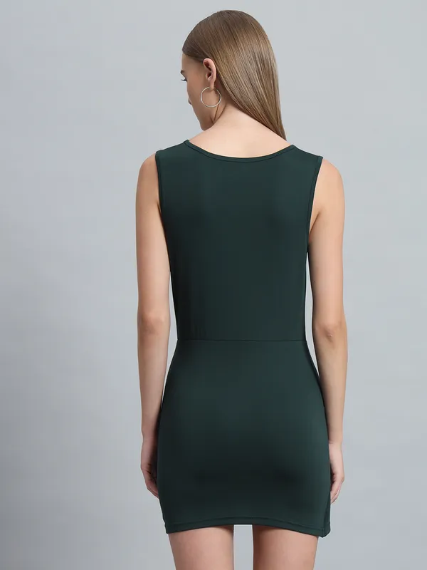 Bottle_Green_Cotton_Blend_Solid_Stretchable_Bodycon_Mini_Length_Dress_For_Women_&_Girls