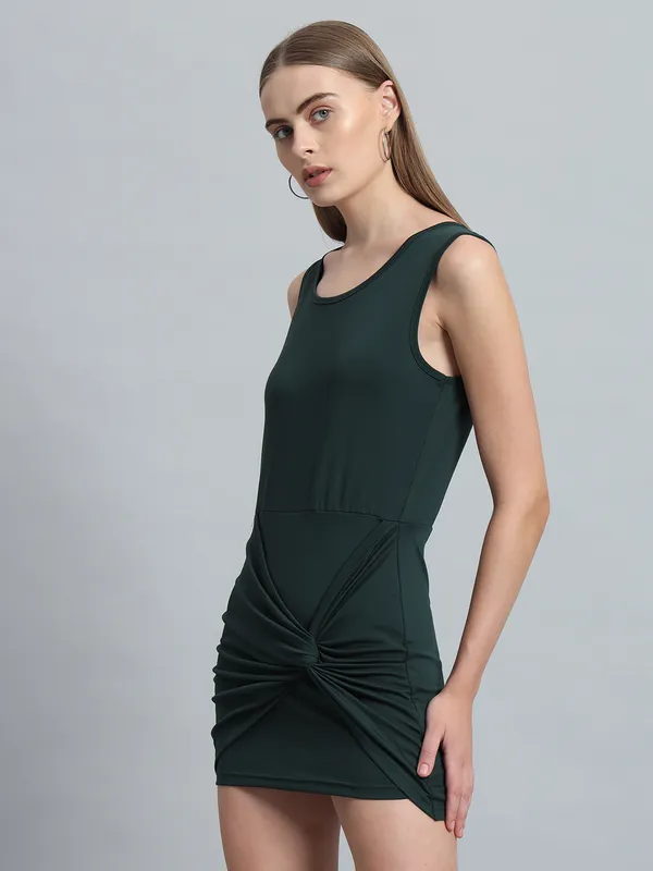 Bottle_Green_Cotton_Blend_Solid_Stretchable_Bodycon_Mini_Length_Dress_For_Women_&_Girls